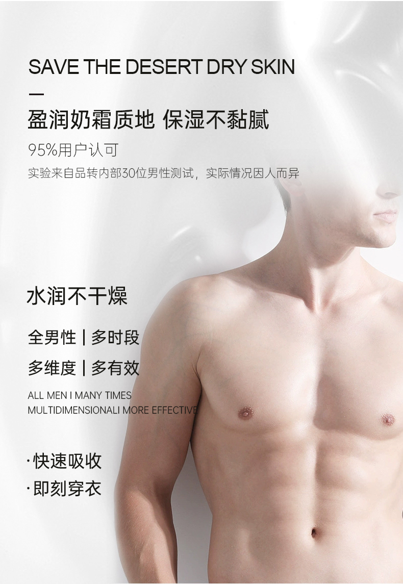 盈潤(rùn)奶霜質(zhì)地，保濕不粘膩，獲得95%用戶認(rèn)可，實(shí)驗(yàn)來自品轉(zhuǎn)內(nèi)部30位男性測(cè)試，實(shí)際情況因人而異